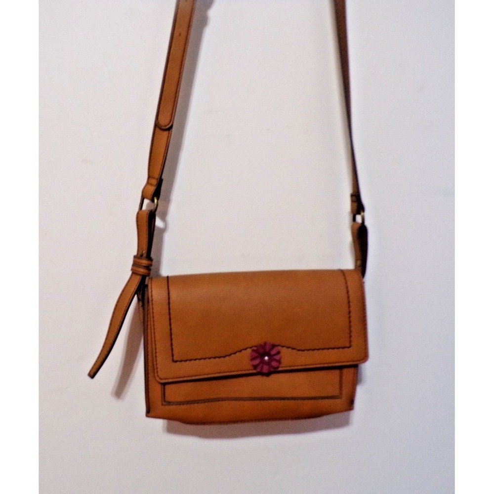 a.n.a. Brown Faux Leather‎ Brass Hardware  Adj Strap Snap Flower Crossbody Purse